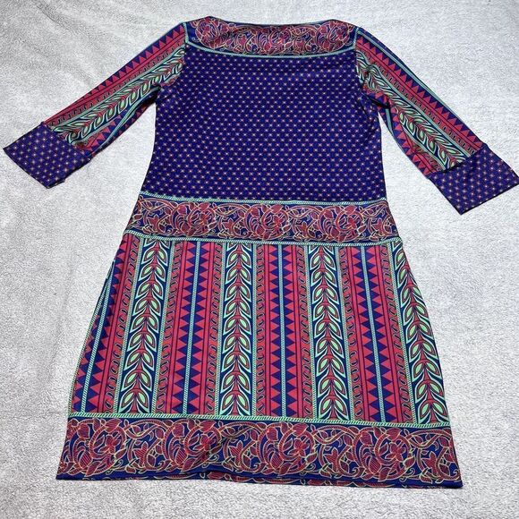 Gretchen Scott Dress Womens Small Mixed Pattern Sheath Blue Red Green 3/4 Sleeve - Picture 2 of 14